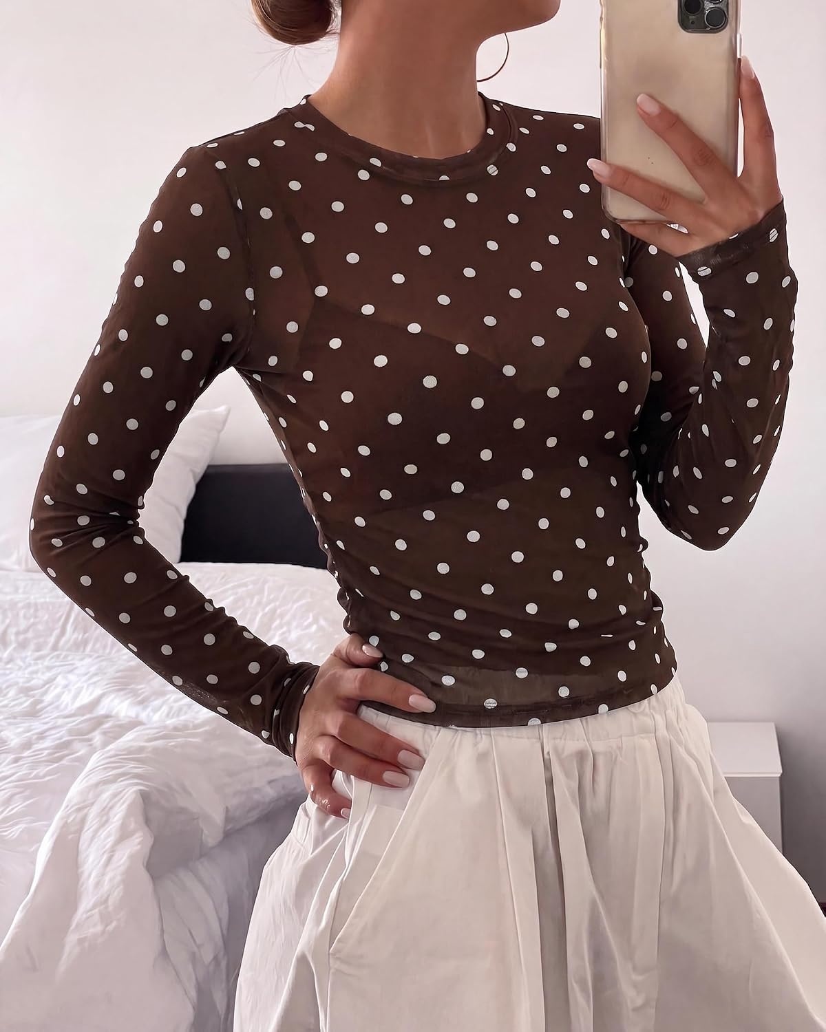 image:imageBTFBM Polka Dot Top Long Sleeve Shirts for WomenPolka Dot Coffee White