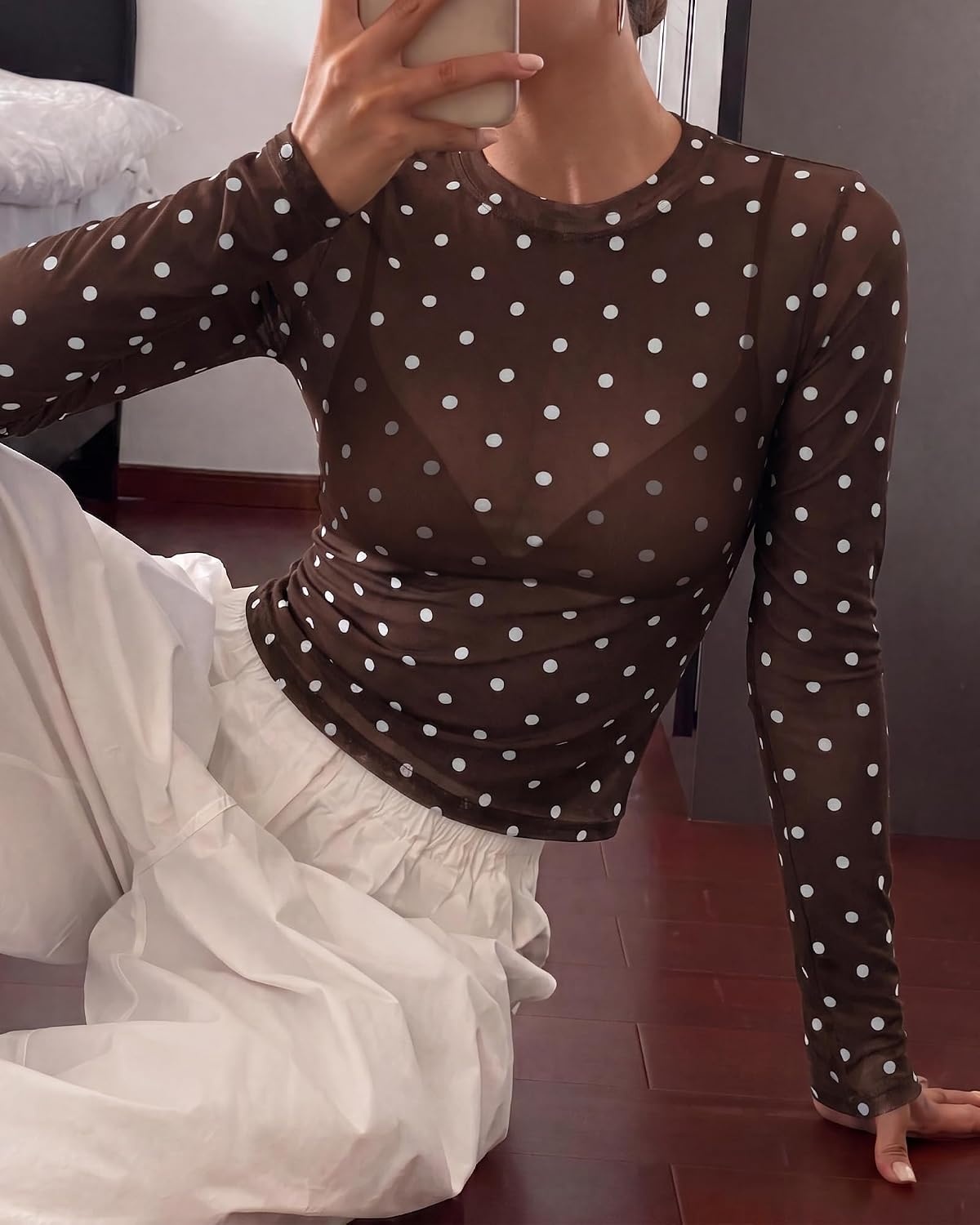 image:imageBTFBM Polka Dot Top Long Sleeve Shirts for WomenPolka Dot Coffee White