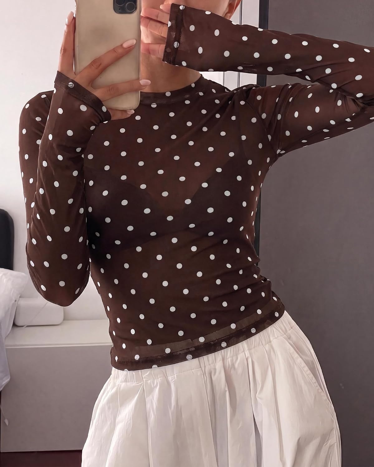 image:imageBTFBM Polka Dot Top Long Sleeve Shirts for WomenPolka Dot Coffee White