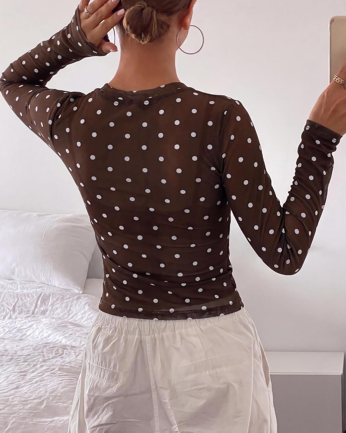 image:imageBTFBM Polka Dot Top Long Sleeve Shirts for WomenPolka Dot Coffee White