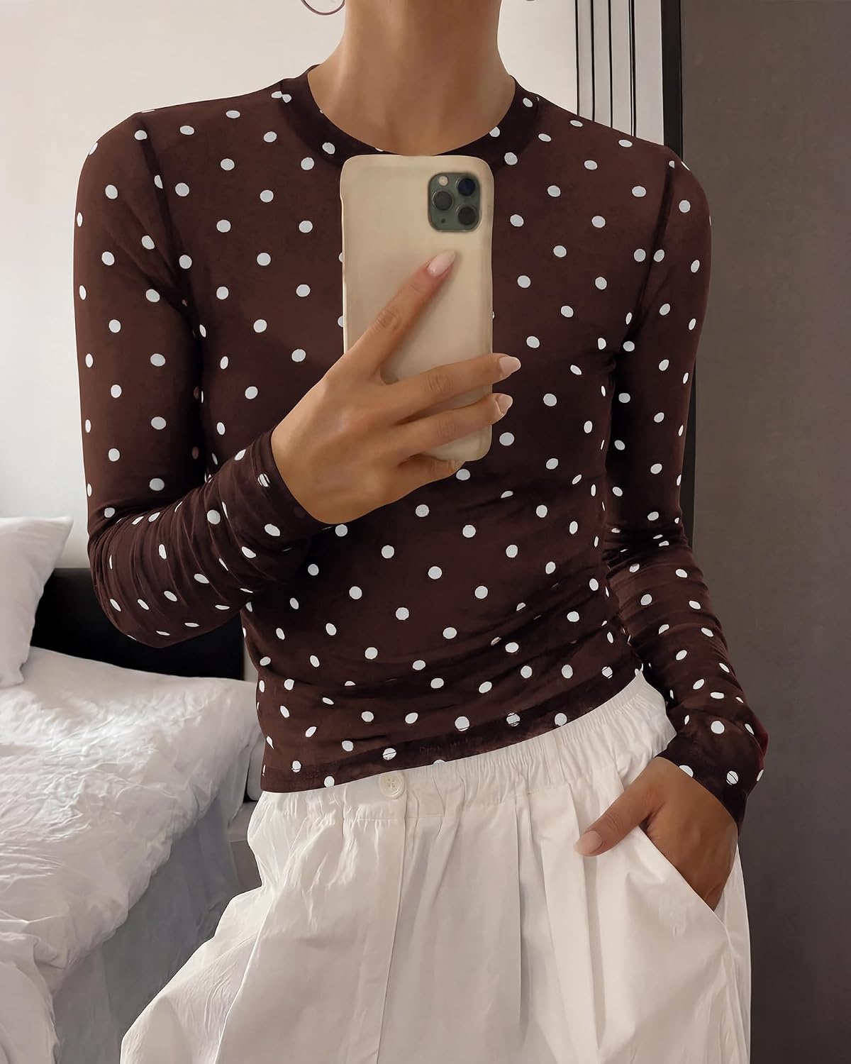 image:imageBTFBM Polka Dot Top Long Sleeve Shirts for WomenPolka Dot Coffee White