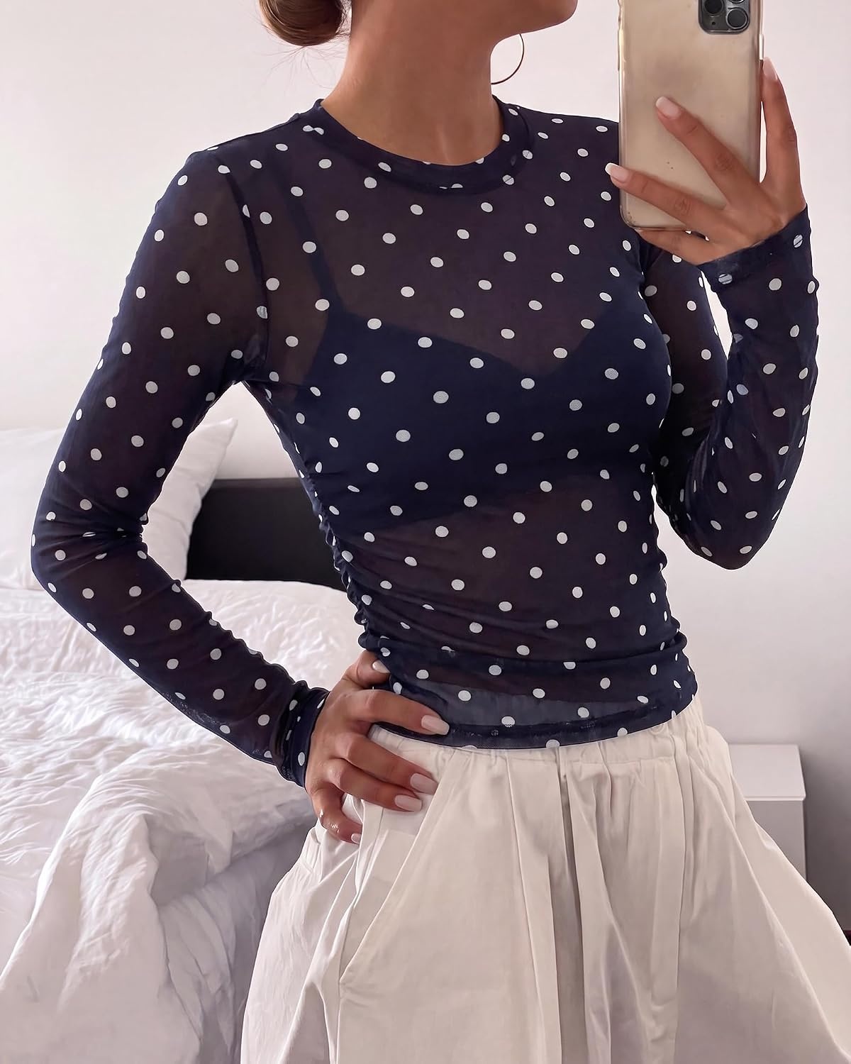 image:imageBTFBM Polka Dot Top Long Sleeve Shirts for WomenPolka Dot Navy Blue White