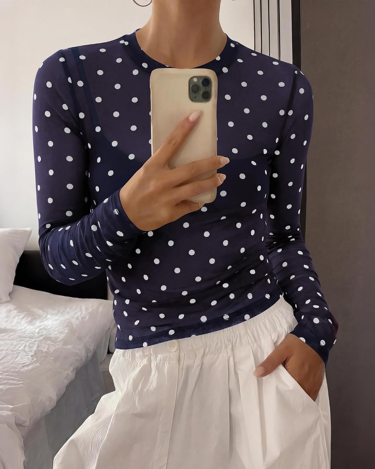 image:imageBTFBM Polka Dot Top Long Sleeve Shirts for WomenPolka Dot Navy Blue White