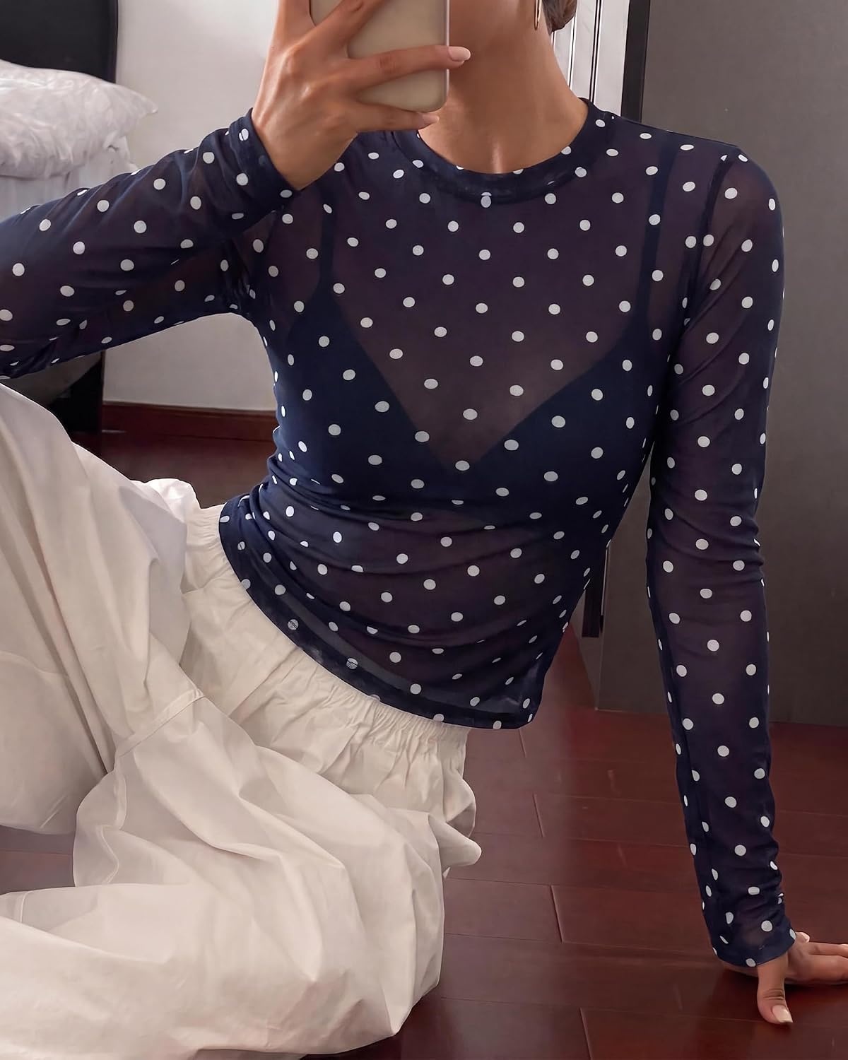 image:imageBTFBM Polka Dot Top Long Sleeve Shirts for WomenPolka Dot Navy Blue White