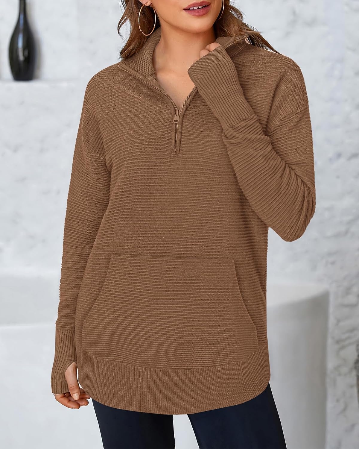 image:imageBTFBM Quarter Zip Sweaters for Women 2026 Fall FashionBrown