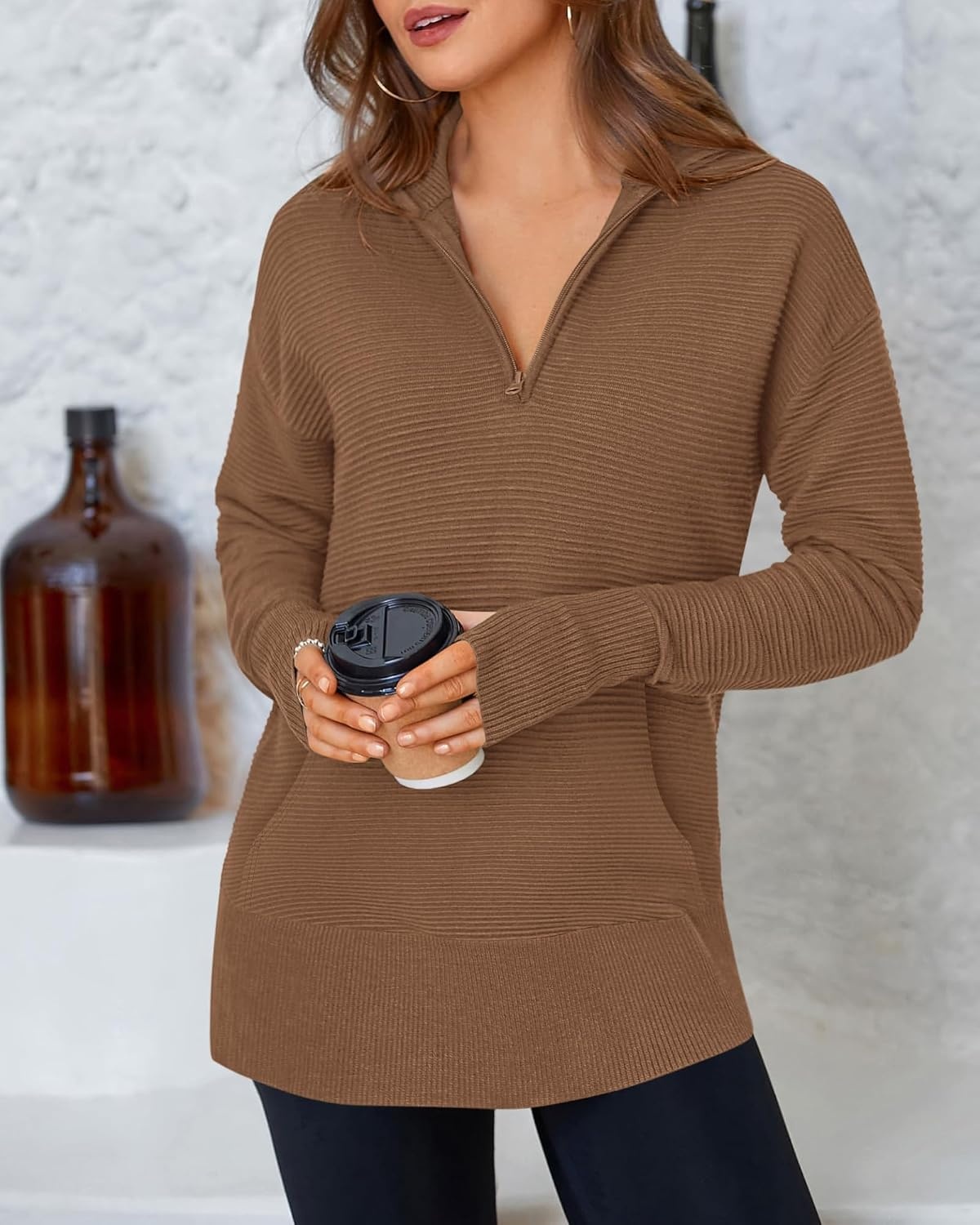 image:imageBTFBM Quarter Zip Sweaters for Women 2026 Fall FashionBrown