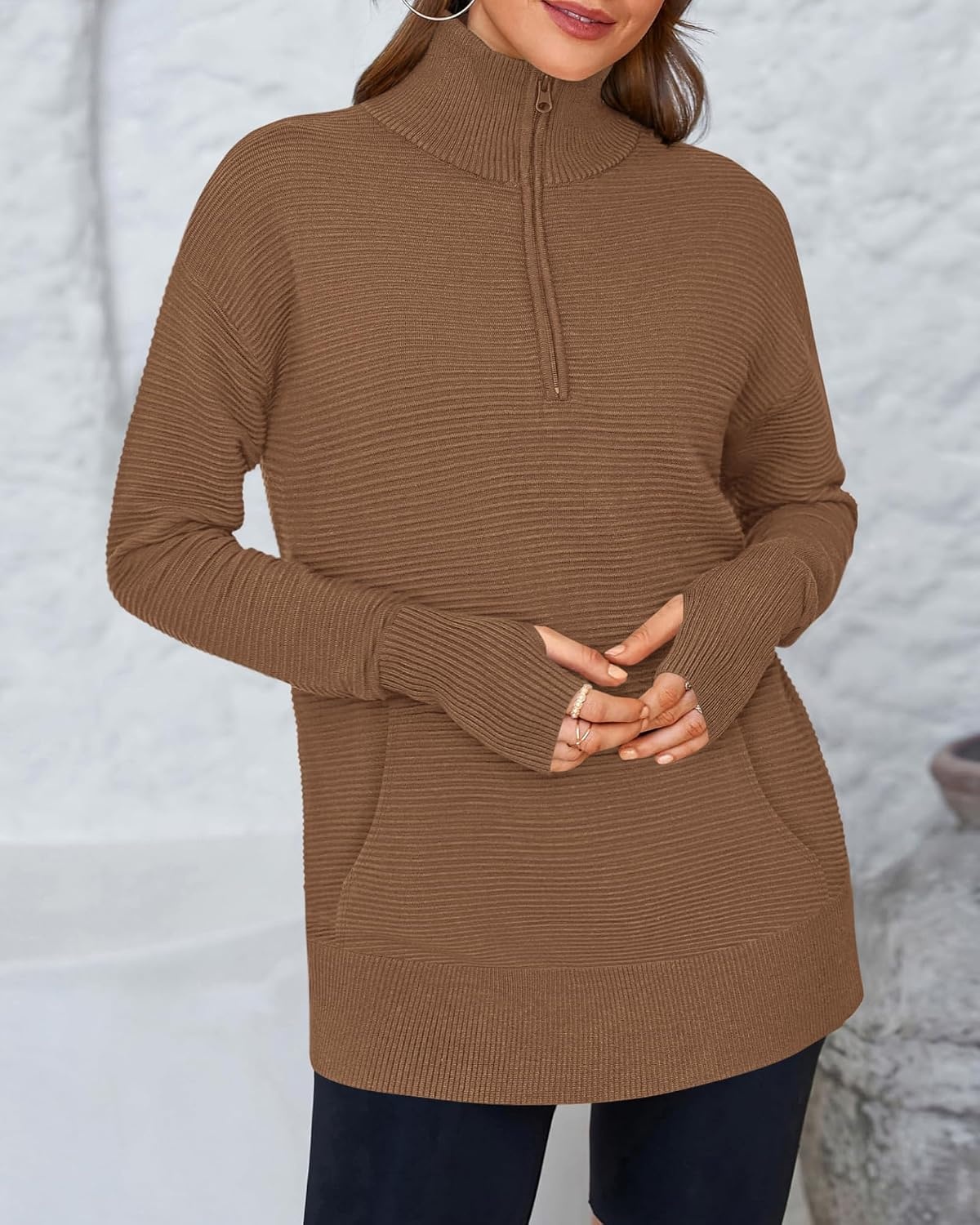 image:imageBTFBM Quarter Zip Sweaters for Women 2026 Fall FashionBrown