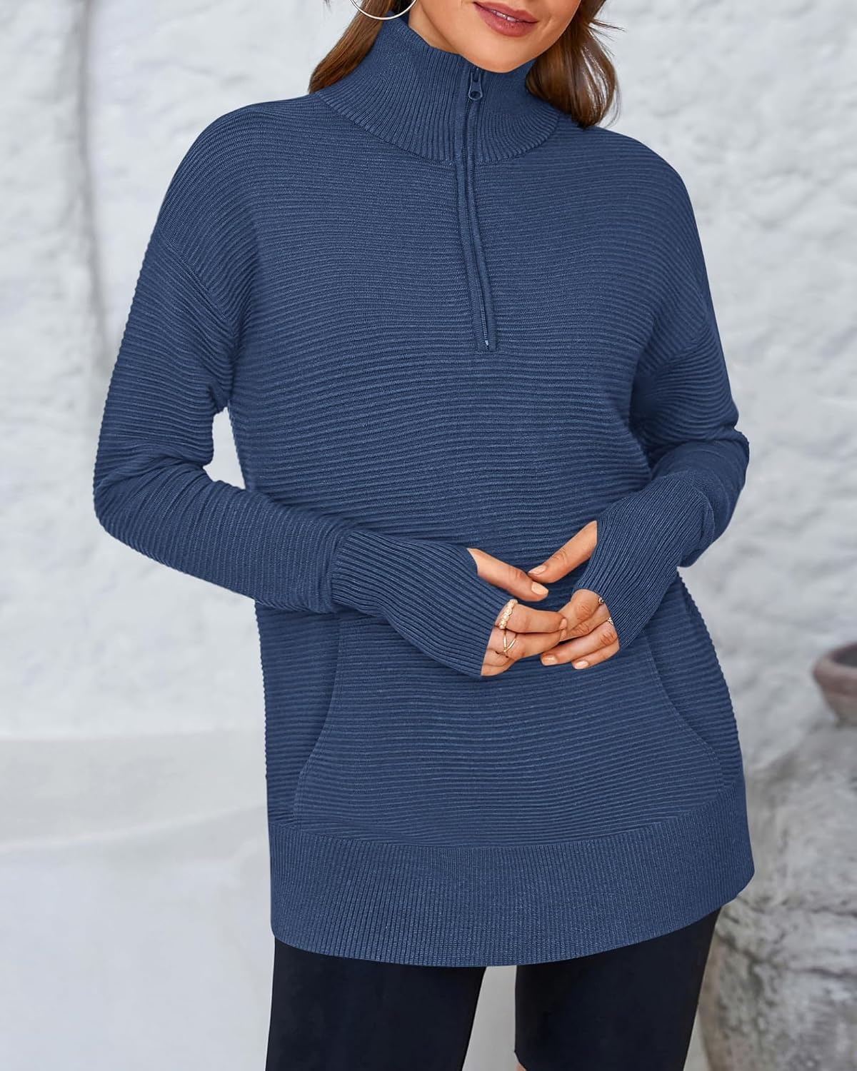image:imageBTFBM Quarter Zip Sweaters for Women 2026 Fall FashionDark Blue