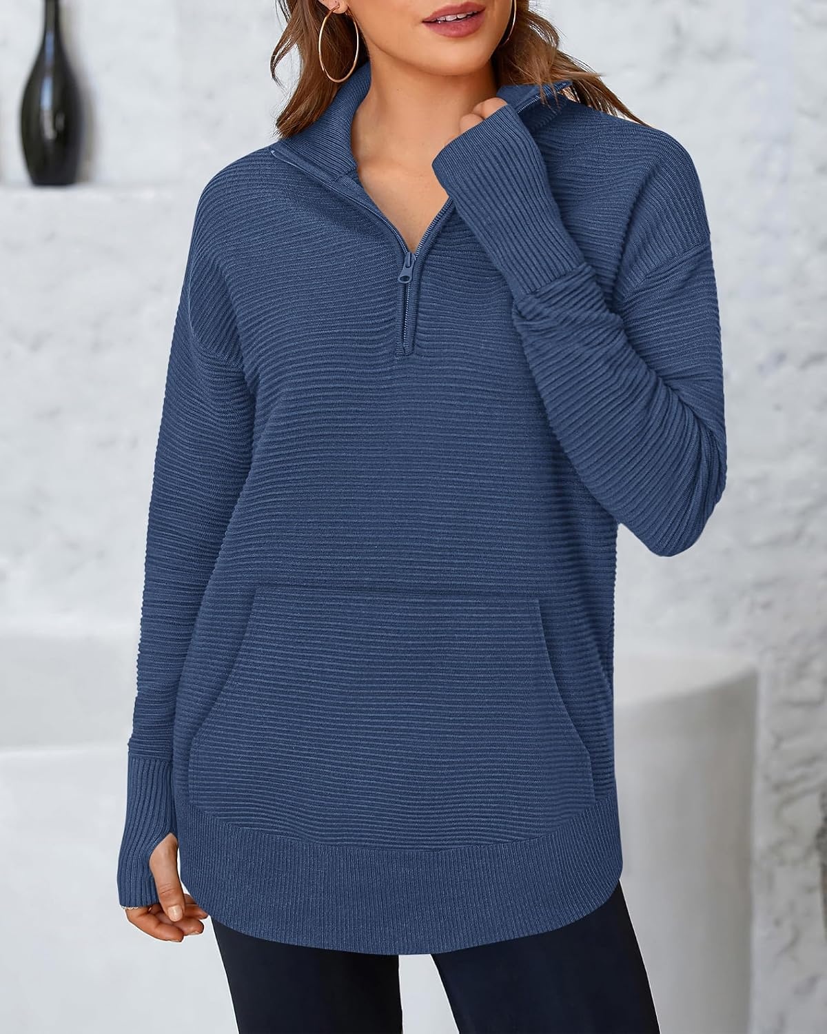 image:imageBTFBM Quarter Zip Sweaters for Women 2026 Fall FashionDark Blue