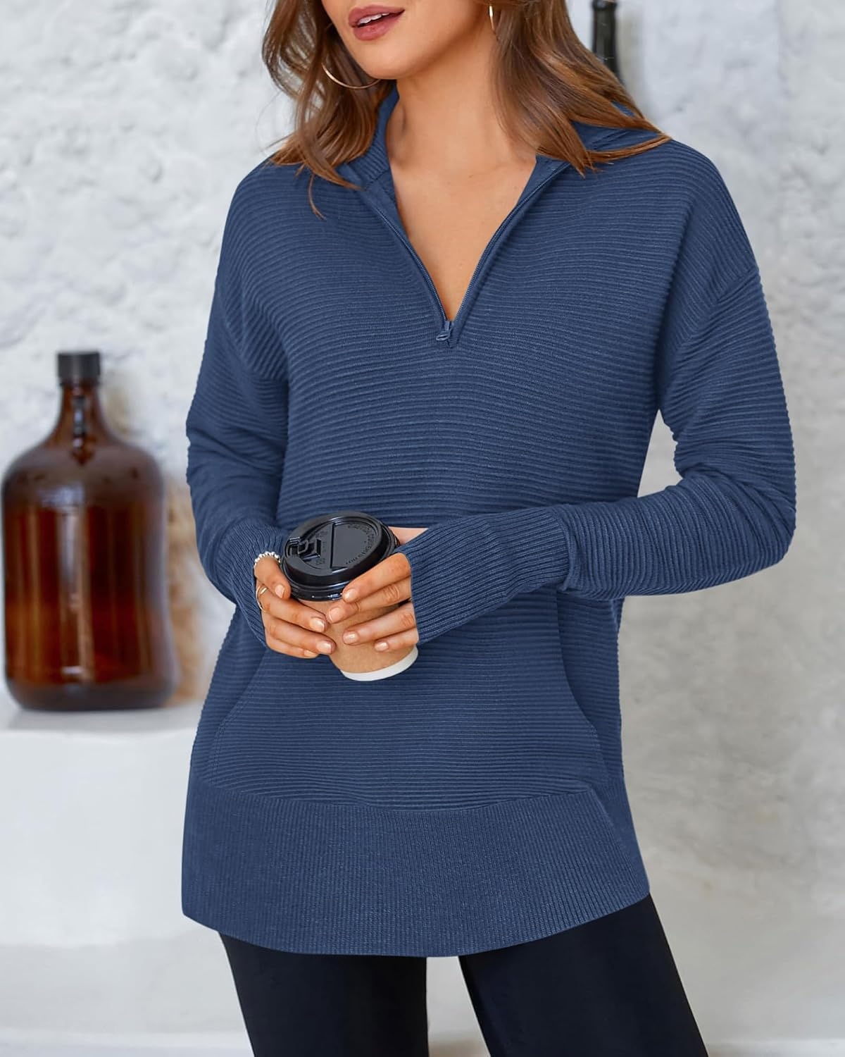 image:imageBTFBM Quarter Zip Sweaters for Women 2026 Fall FashionDark Blue
