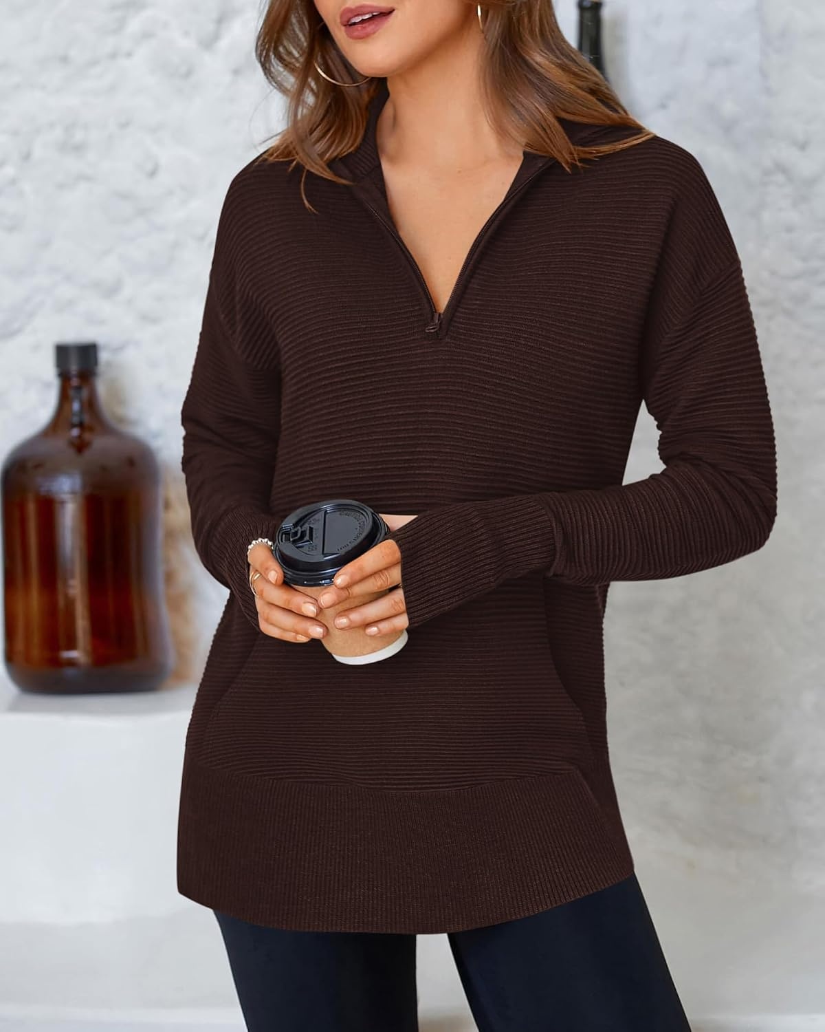 image:imageBTFBM Quarter Zip Sweaters for Women 2026 Fall FashionDark Brown