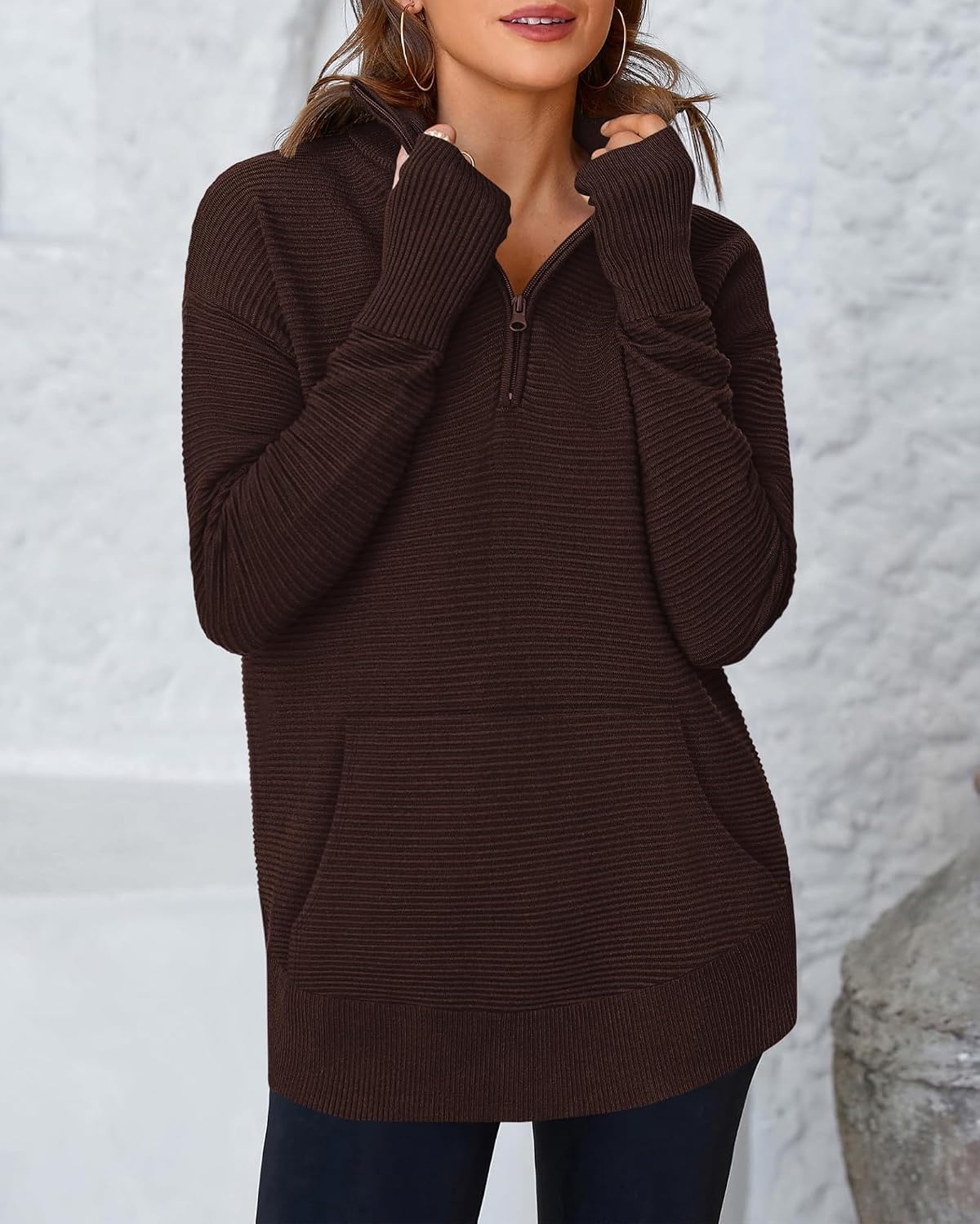 image:imageBTFBM Quarter Zip Sweaters for Women 2026 Fall FashionDark Brown