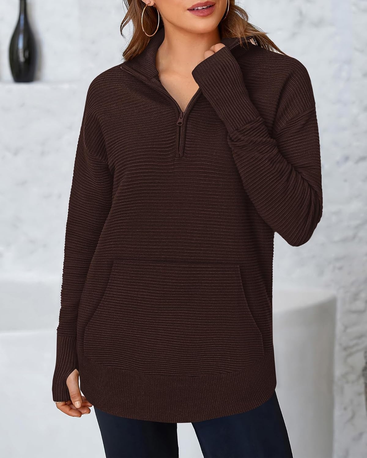 image:imageBTFBM Quarter Zip Sweaters for Women 2026 Fall FashionDark Brown