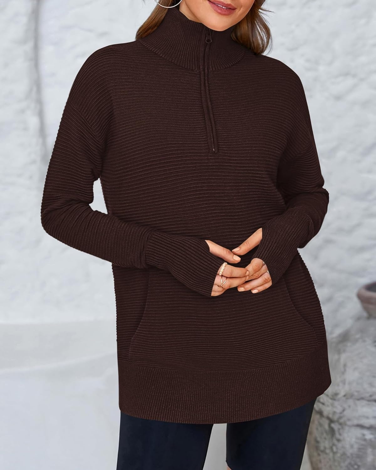 image:imageBTFBM Quarter Zip Sweaters for Women 2026 Fall FashionDark Brown