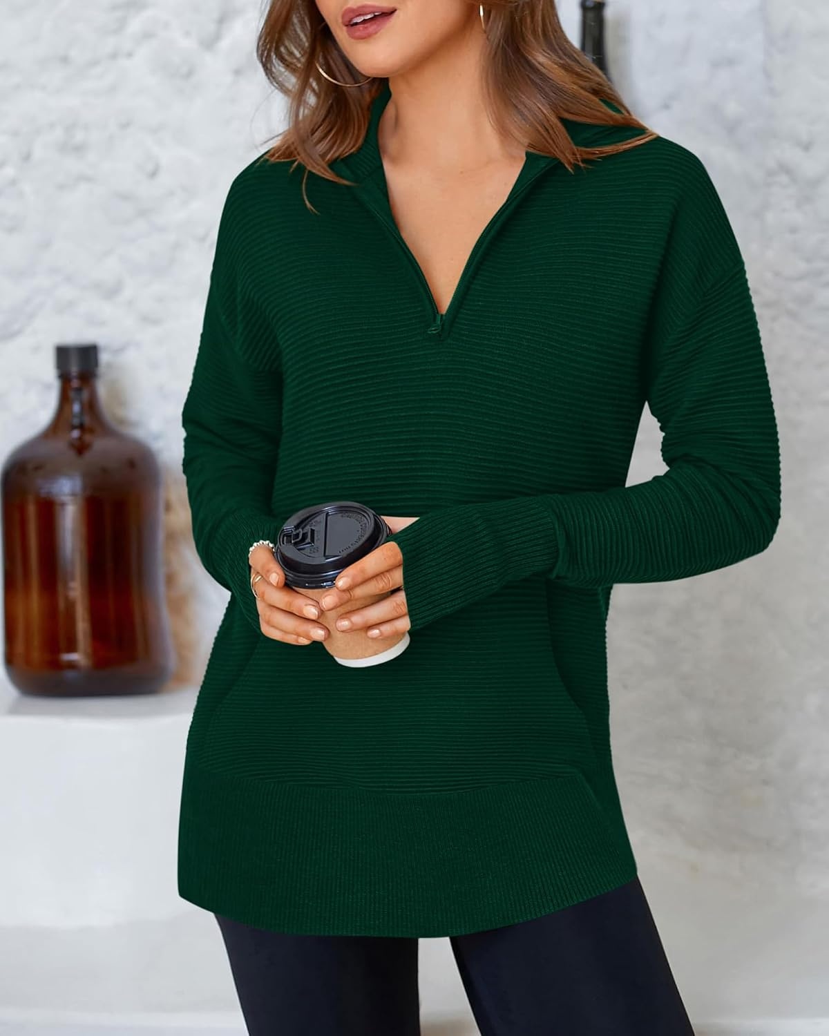 image:imageBTFBM Quarter Zip Sweaters for Women 2026 Fall FashionDark Green