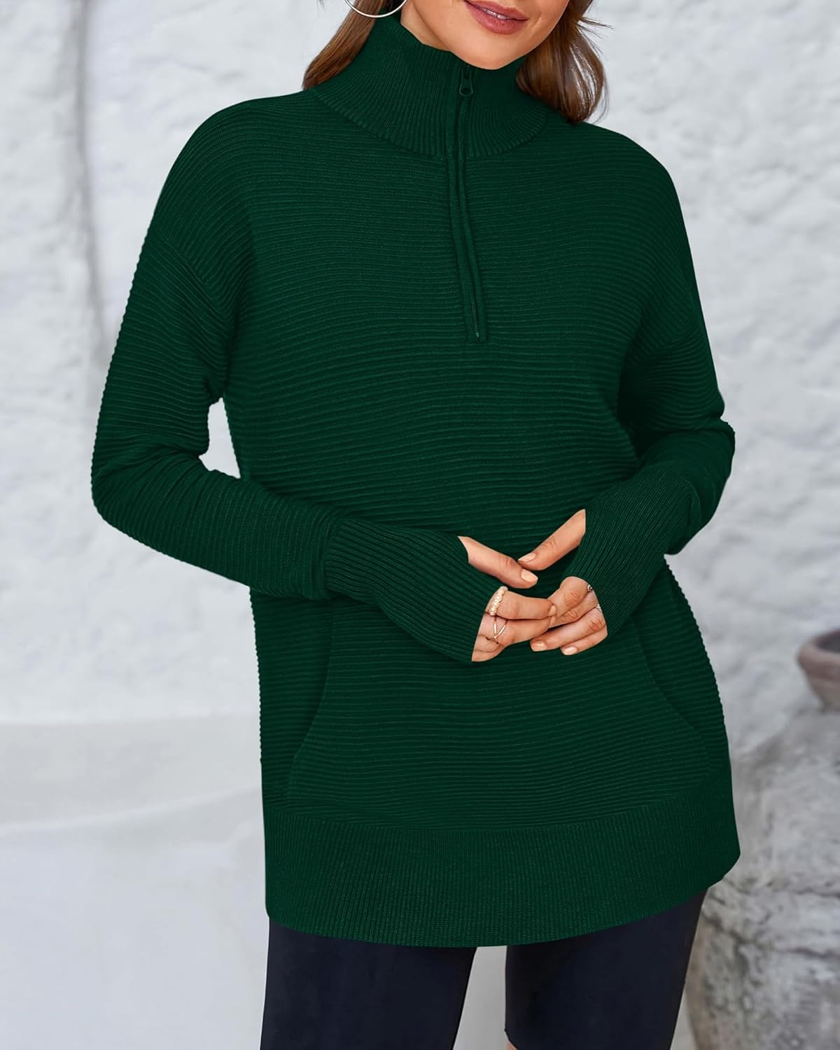 image:imageBTFBM Quarter Zip Sweaters for Women 2026 Fall FashionDark Green