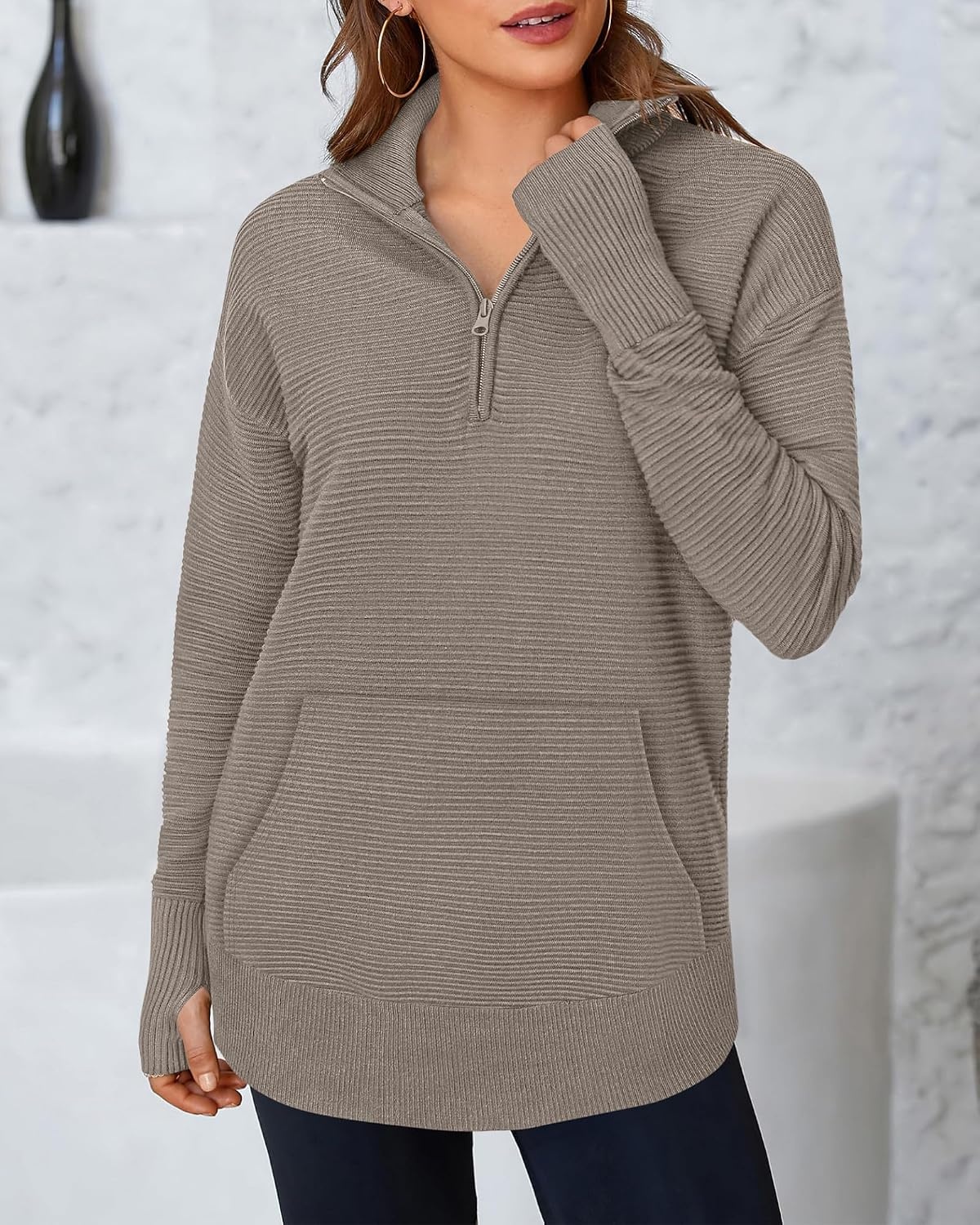 image:imageBTFBM Quarter Zip Sweaters for Women 2026 Fall FashionKhaki