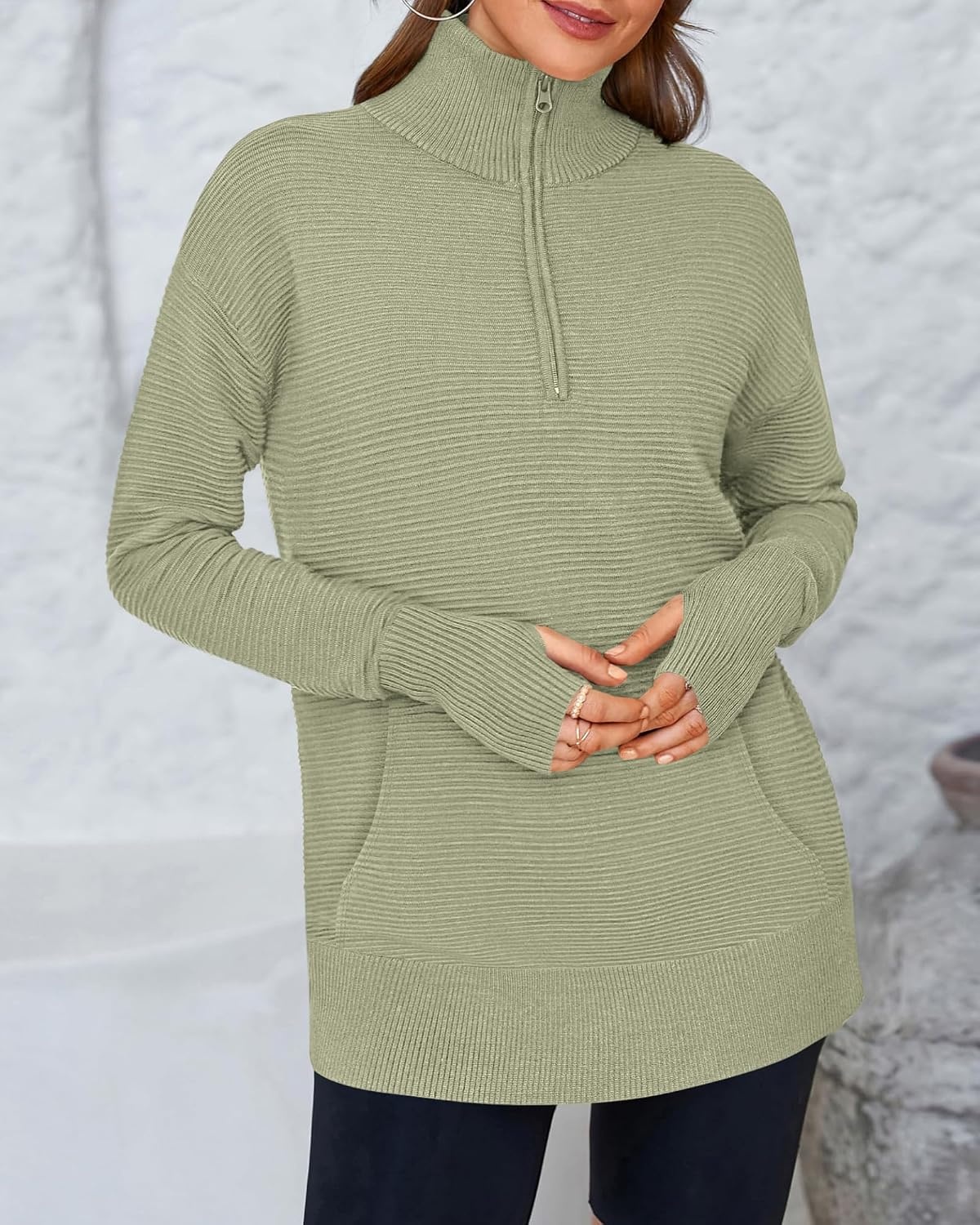 image:imageBTFBM Quarter Zip Sweaters for Women 2026 Fall FashionLight Green