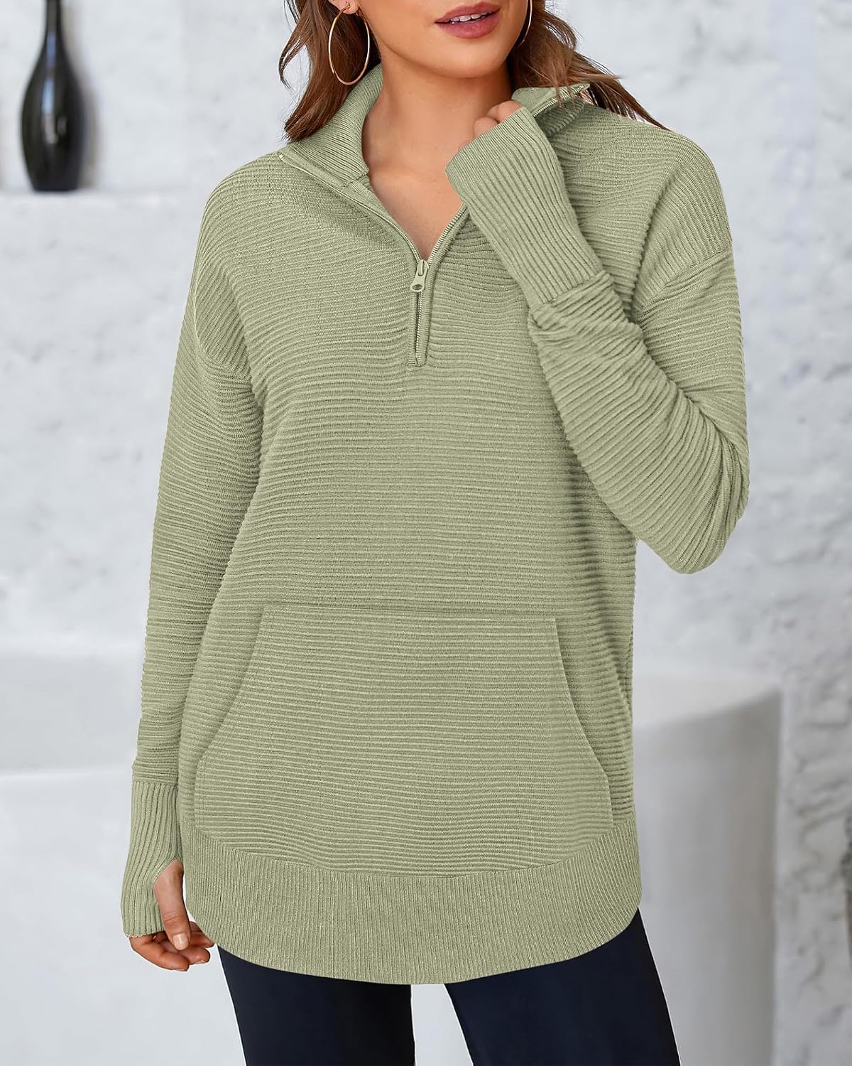 image:imageBTFBM Quarter Zip Sweaters for Women 2026 Fall FashionLight Green