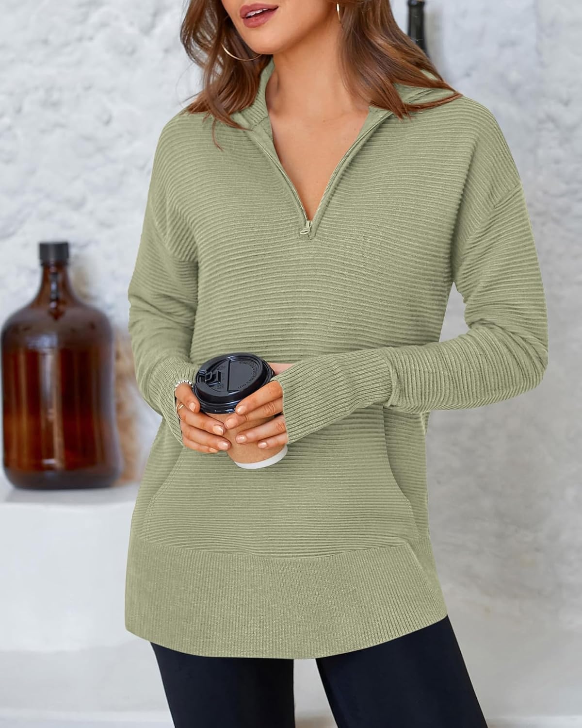 image:imageBTFBM Quarter Zip Sweaters for Women 2026 Fall FashionLight Green