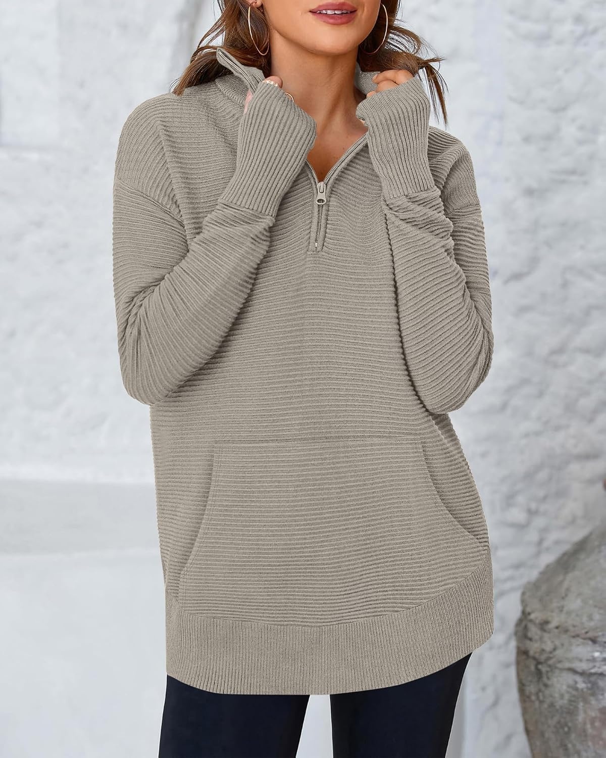 image:imageBTFBM Quarter Zip Sweaters for Women 2026 Fall FashionLight Khaki