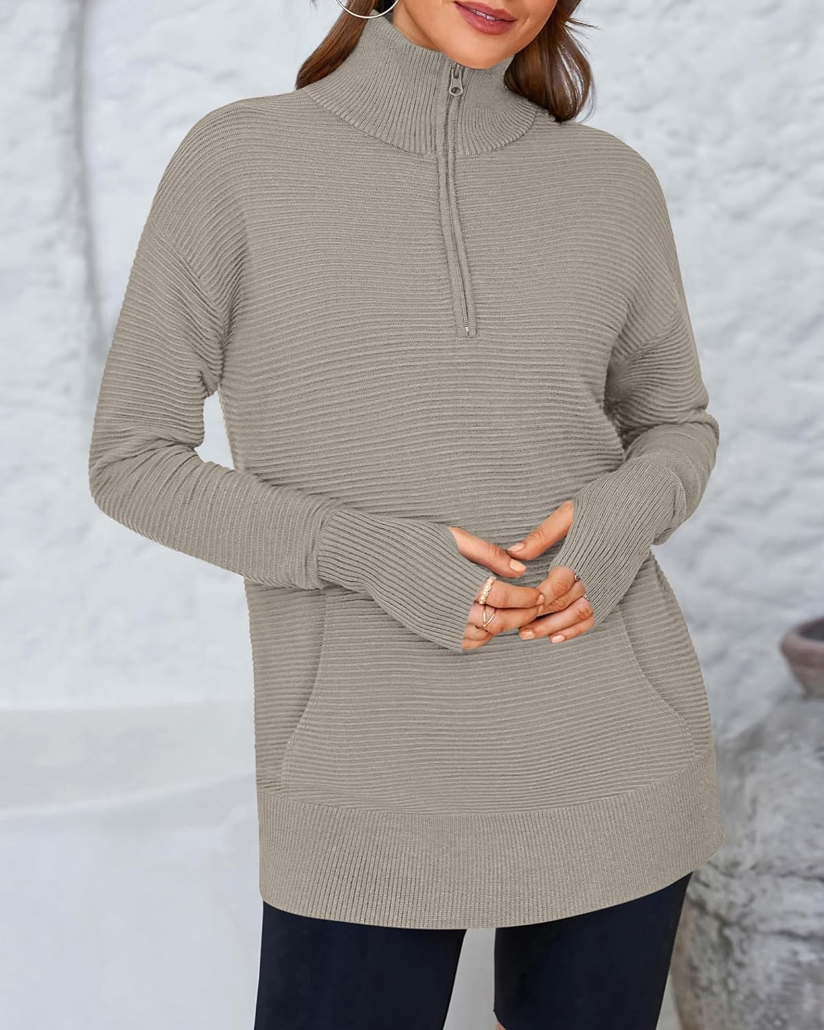 image:imageBTFBM Quarter Zip Sweaters for Women 2026 Fall FashionLight Khaki