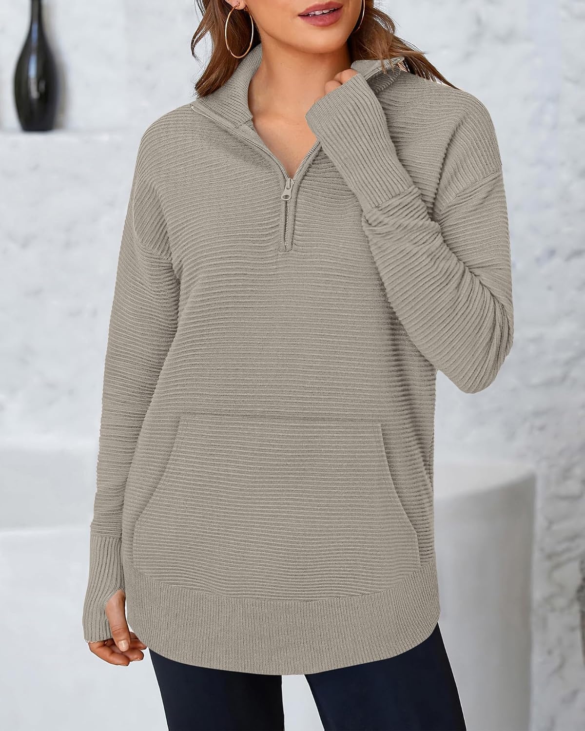 image:imageBTFBM Quarter Zip Sweaters for Women 2026 Fall FashionLight Khaki