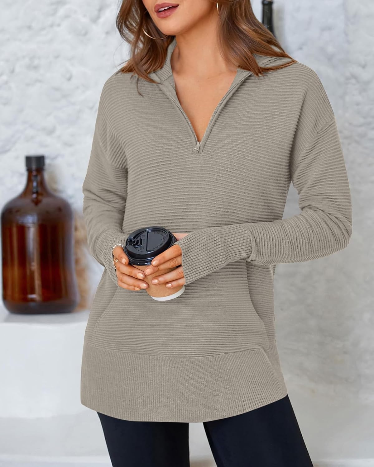 image:imageBTFBM Quarter Zip Sweaters for Women 2026 Fall FashionLight Khaki
