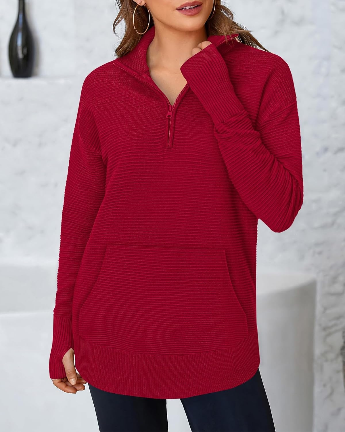 image:imageBTFBM Quarter Zip Sweaters for Women 2026 Fall FashionRed