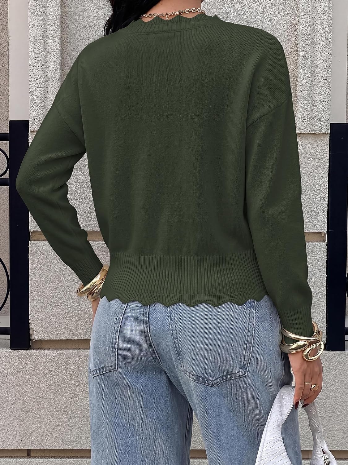 image:imageBTFBM Womens Fall Long Sleeve V Neck Sweaters Lightweight Ribbed Knit TopsArmy Green