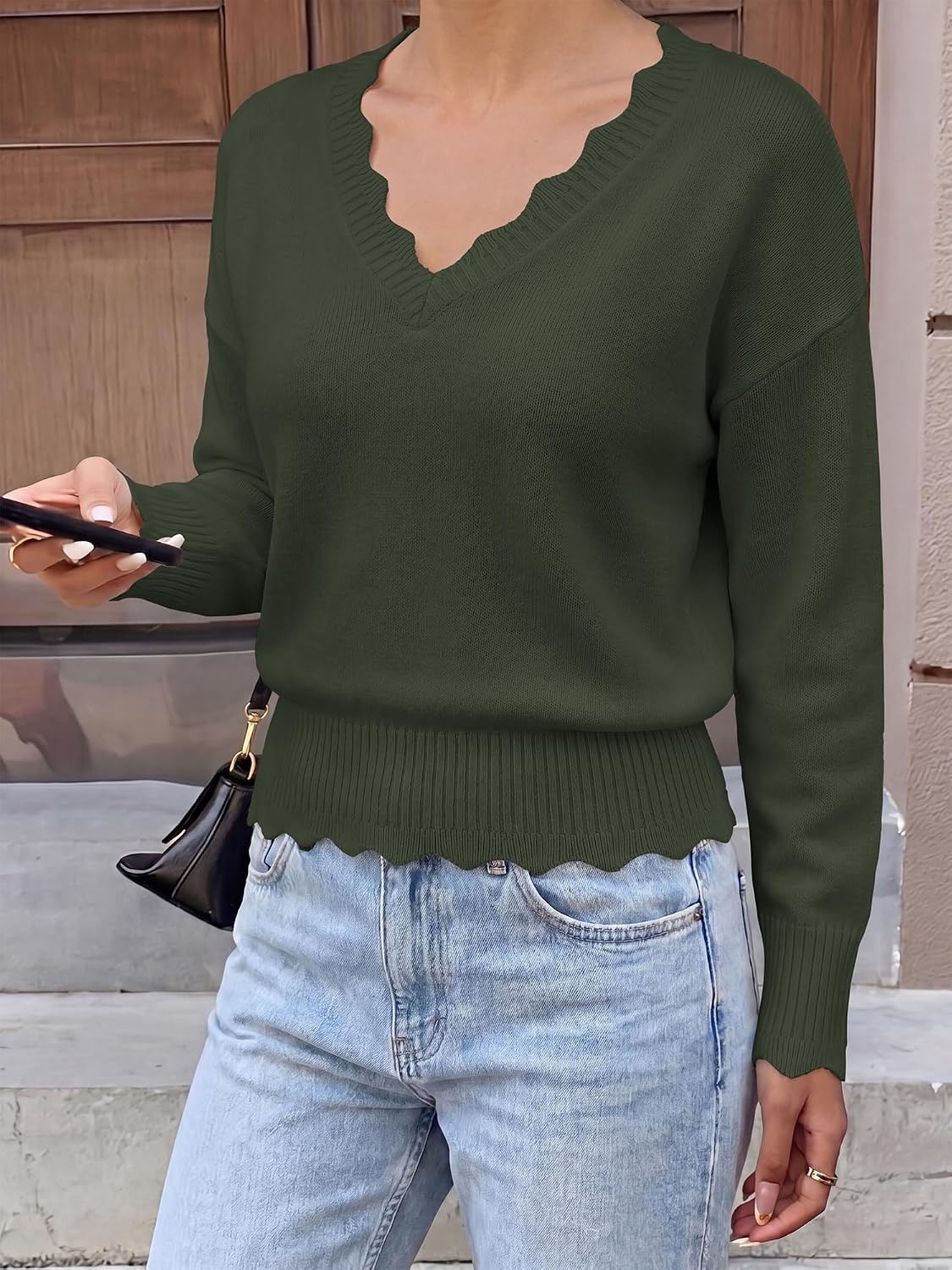 image:imageBTFBM Womens Fall Long Sleeve V Neck Sweaters Lightweight Ribbed Knit TopsArmy Green