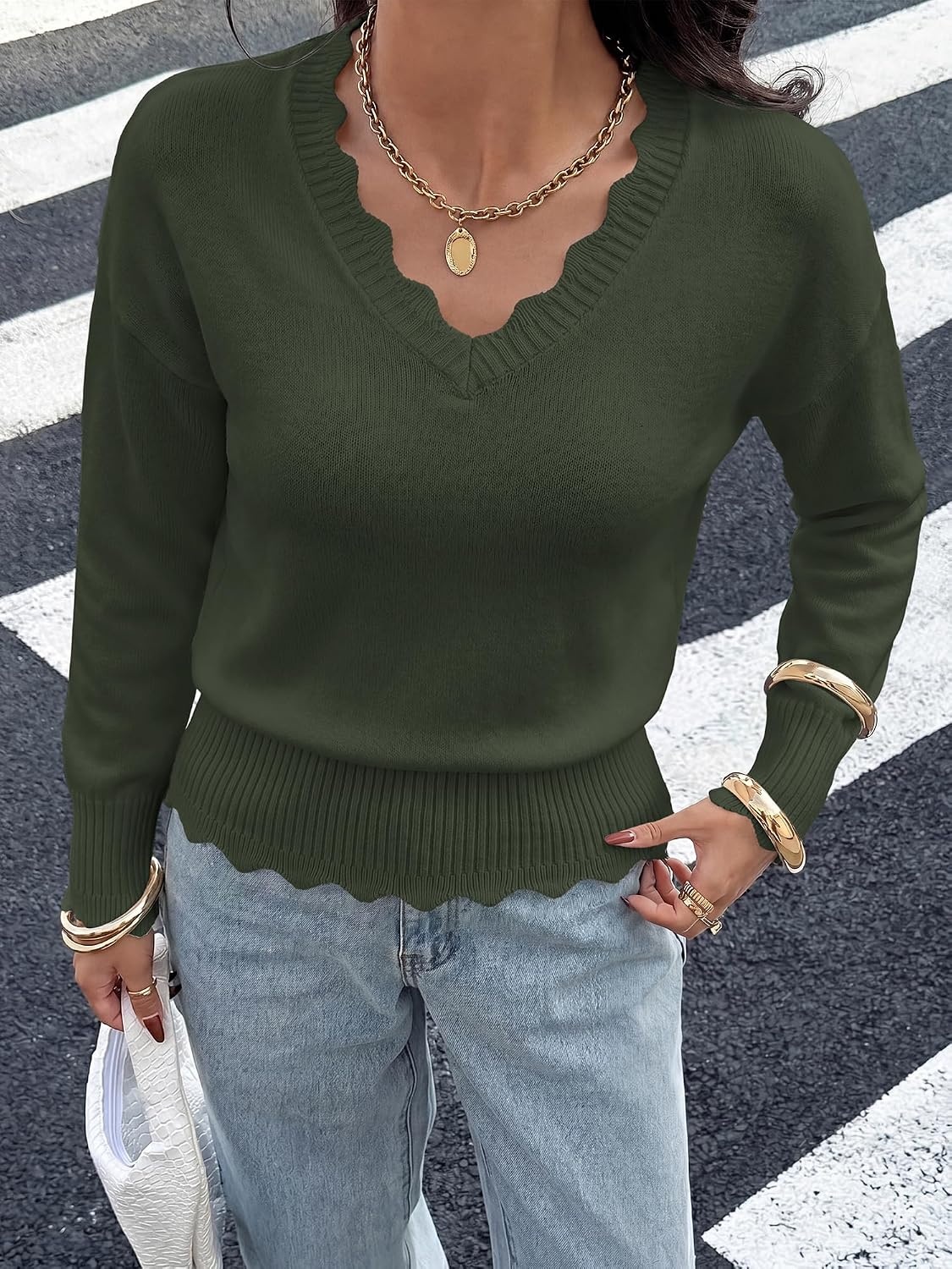 image:imageBTFBM Womens Fall Long Sleeve V Neck Sweaters Lightweight Ribbed Knit TopsArmy Green