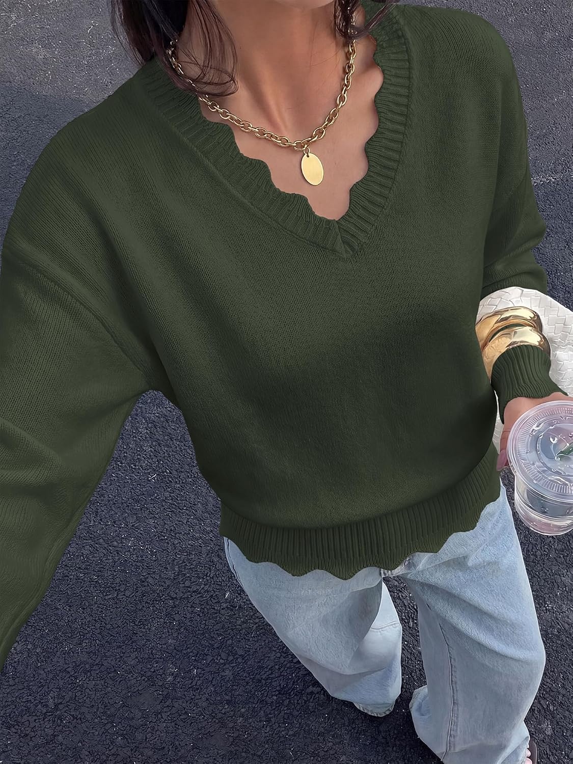 image:imageBTFBM Womens Fall Long Sleeve V Neck Sweaters Lightweight Ribbed Knit TopsArmy Green