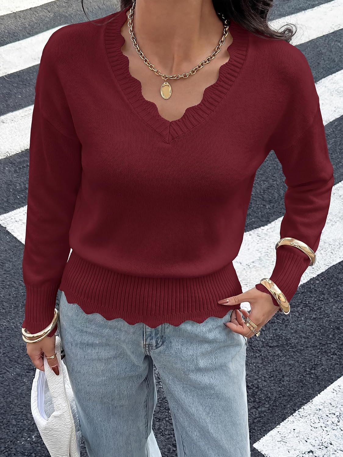 image:imageBTFBM Womens Fall Long Sleeve V Neck Sweaters Lightweight Ribbed Knit TopsBurgundy