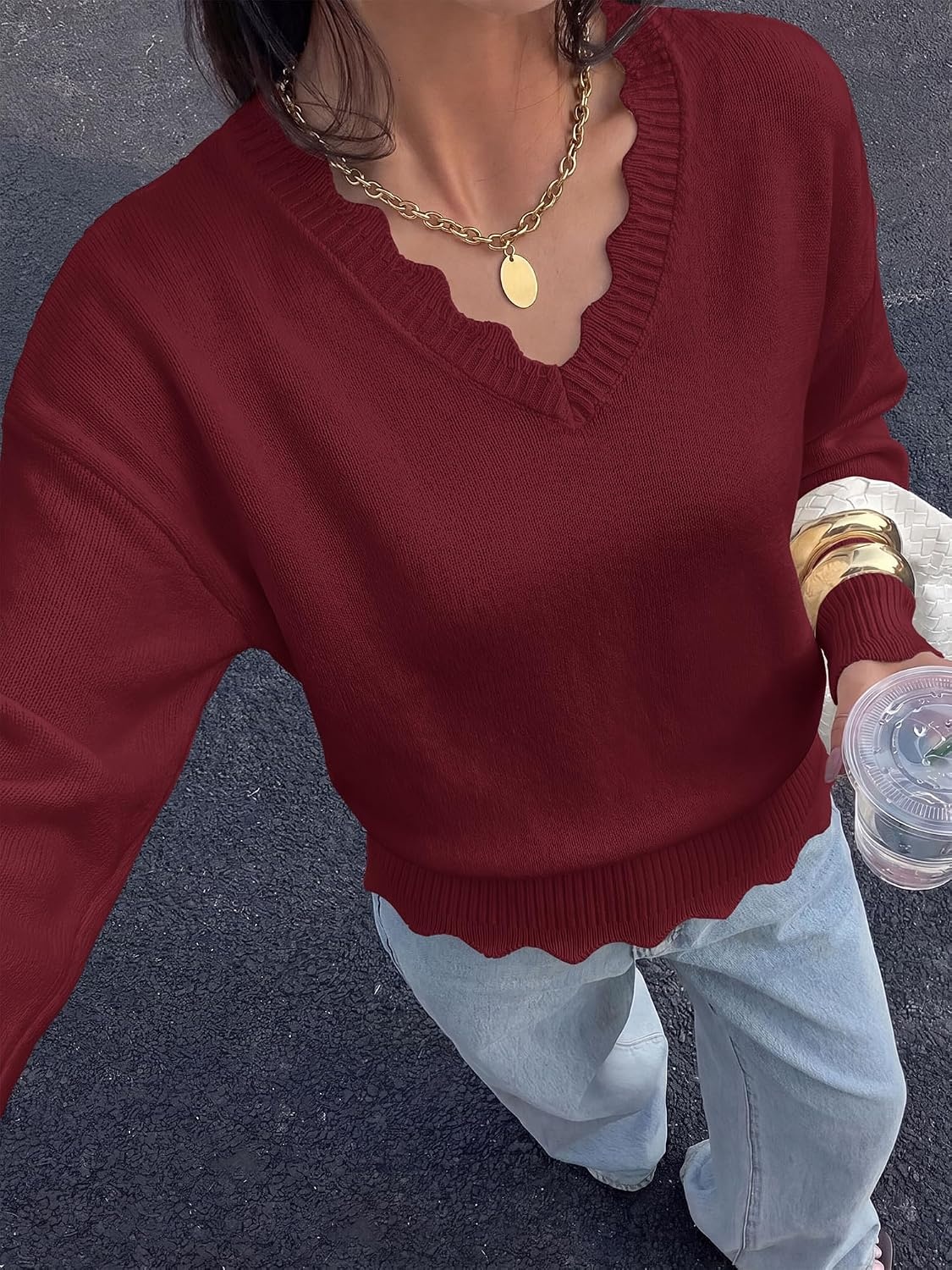 image:imageBTFBM Womens Fall Long Sleeve V Neck Sweaters Lightweight Ribbed Knit TopsBurgundy