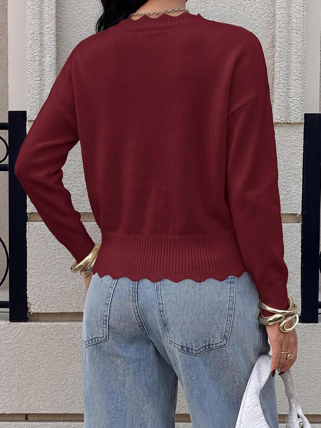 image:imageBTFBM Womens Fall Long Sleeve V Neck Sweaters Lightweight Ribbed Knit TopsBurgundy