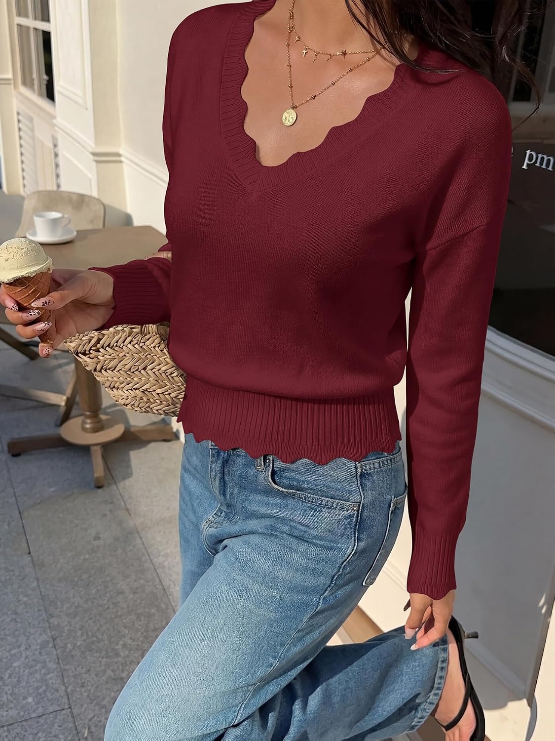 image:imageBTFBM Womens Fall Long Sleeve V Neck Sweaters Lightweight Ribbed Knit TopsBurgundy