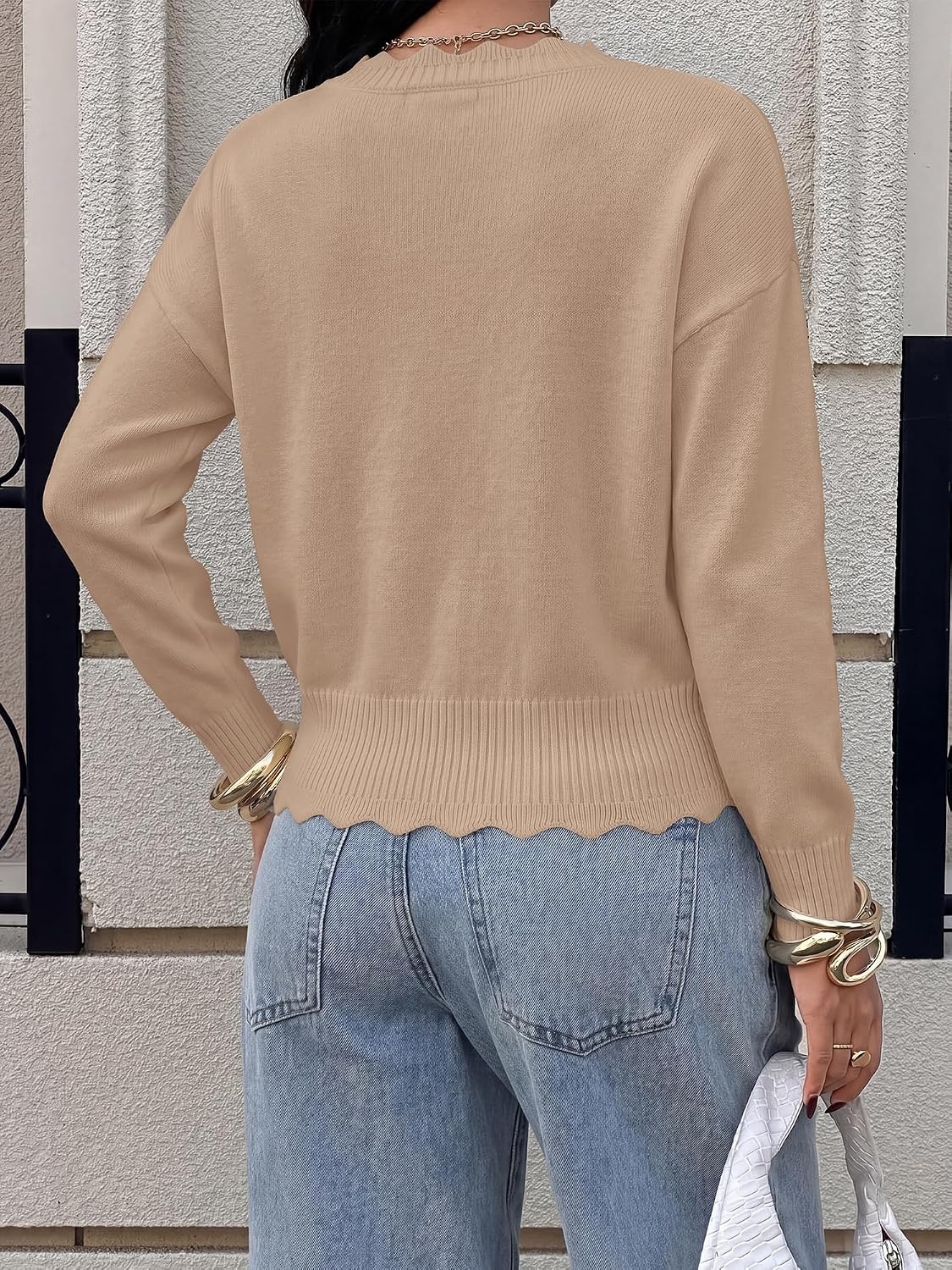 image:imageBTFBM Womens Fall Long Sleeve V Neck Sweaters Lightweight Ribbed Knit TopsKhaki