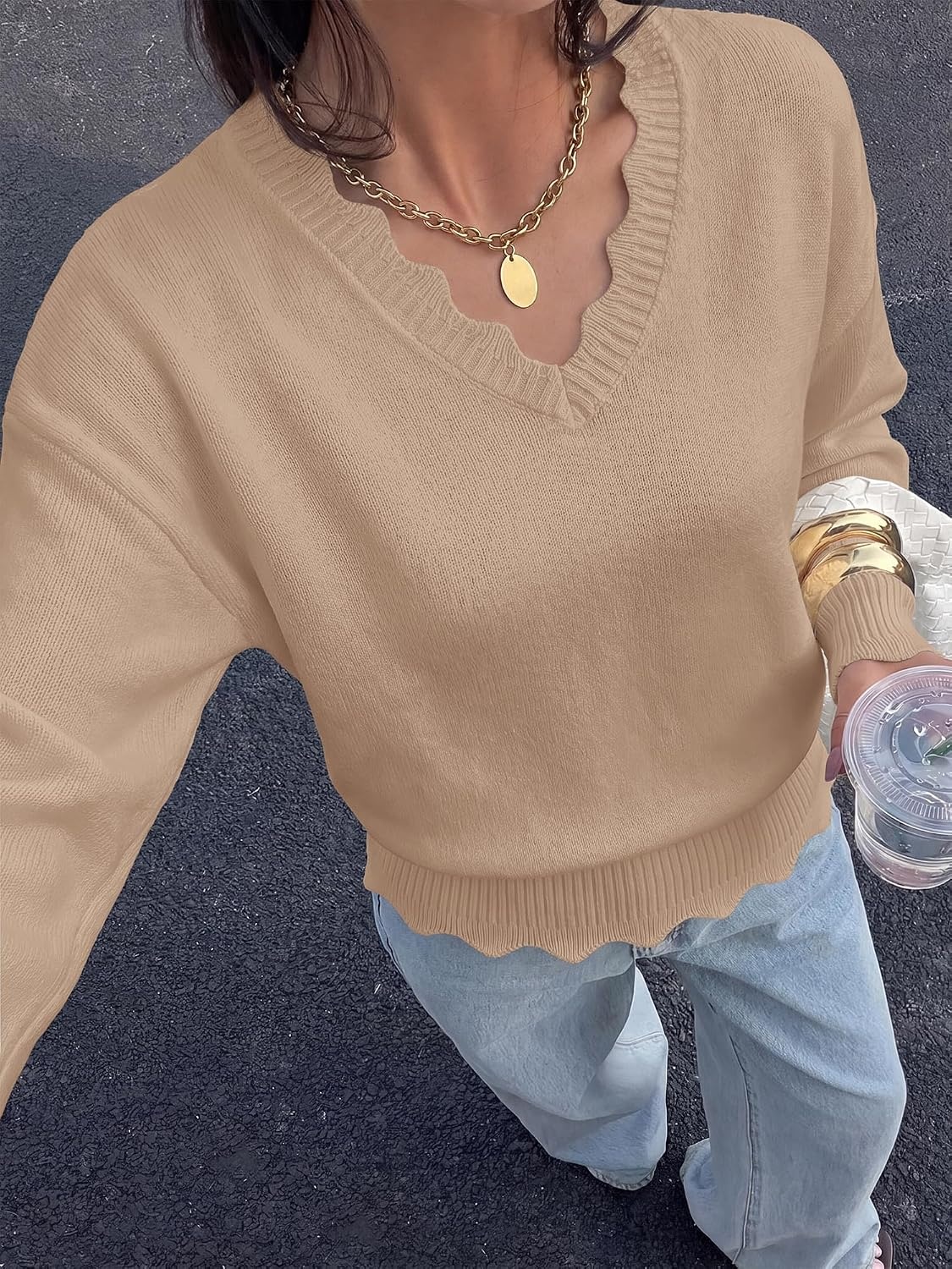 image:imageBTFBM Womens Fall Long Sleeve V Neck Sweaters Lightweight Ribbed Knit TopsKhaki
