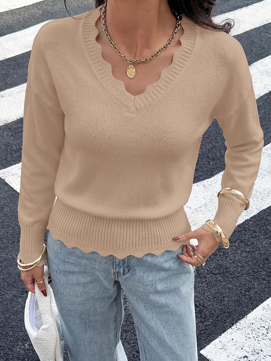 image:imageBTFBM Womens Fall Long Sleeve V Neck Sweaters Lightweight Ribbed Knit TopsKhaki