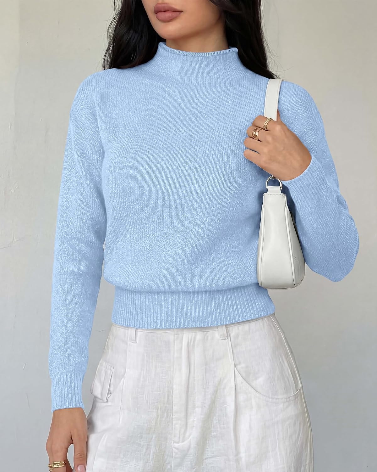 image:imageBTFBM Womens Long Sleeve Sweaters Mock Neck TopsBlue
