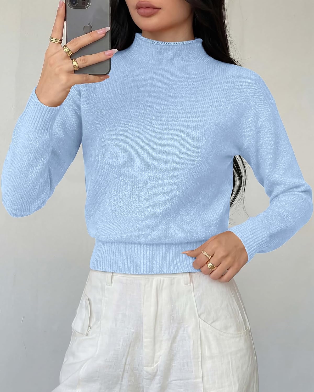 image:imageBTFBM Womens Long Sleeve Sweaters Mock Neck TopsBlue