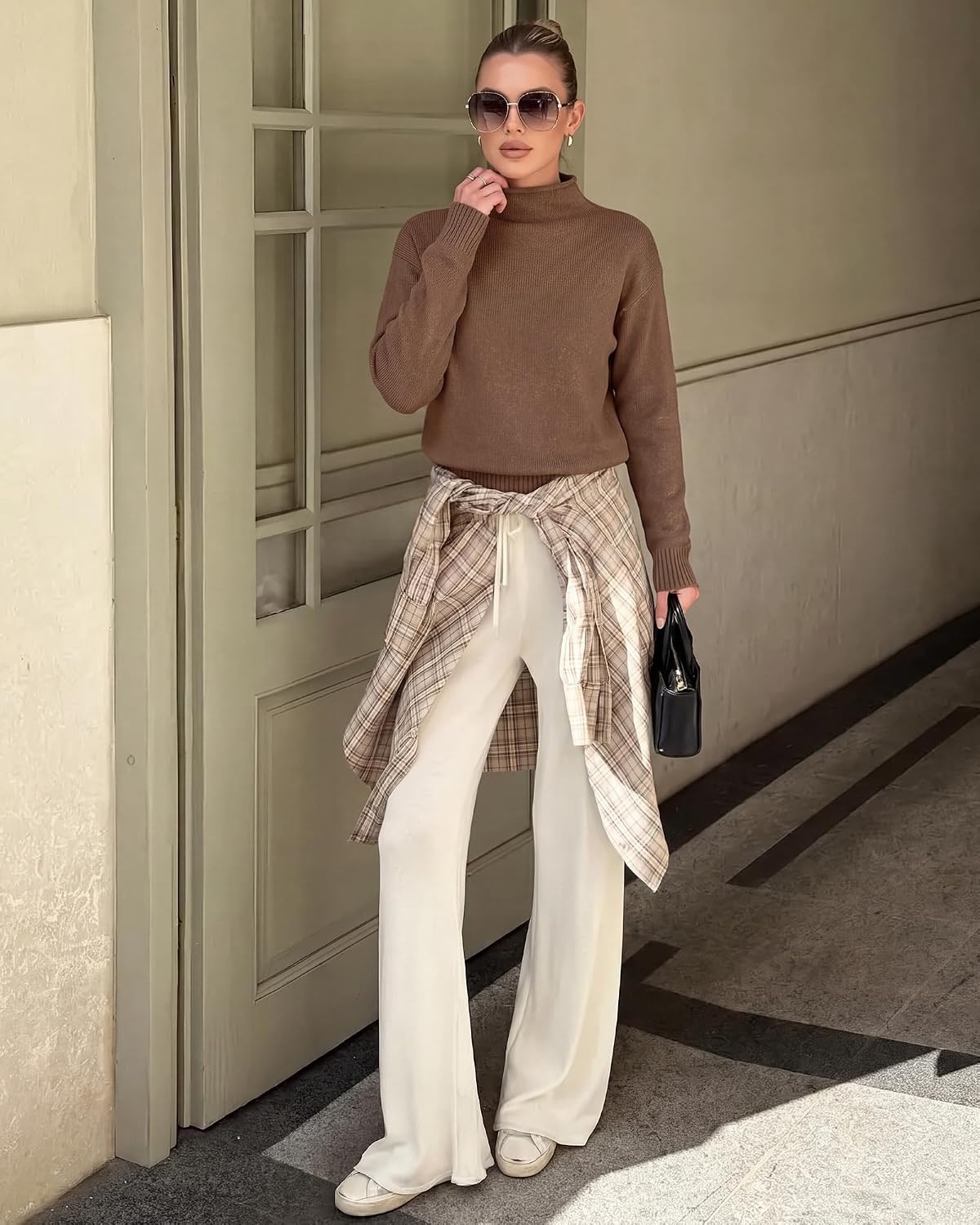 image:imageBTFBM Womens Long Sleeve Sweaters Mock Neck TopsBrown