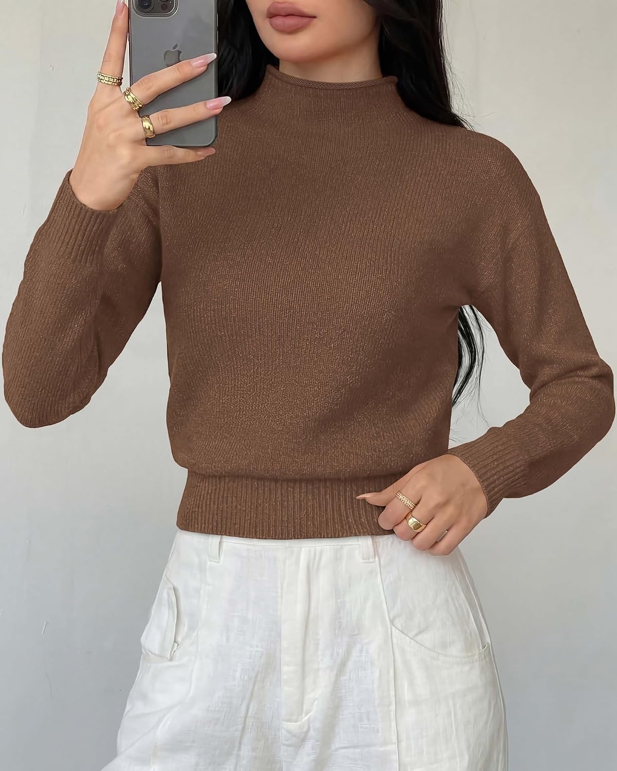 image:imageBTFBM Womens Long Sleeve Sweaters Mock Neck TopsBrown