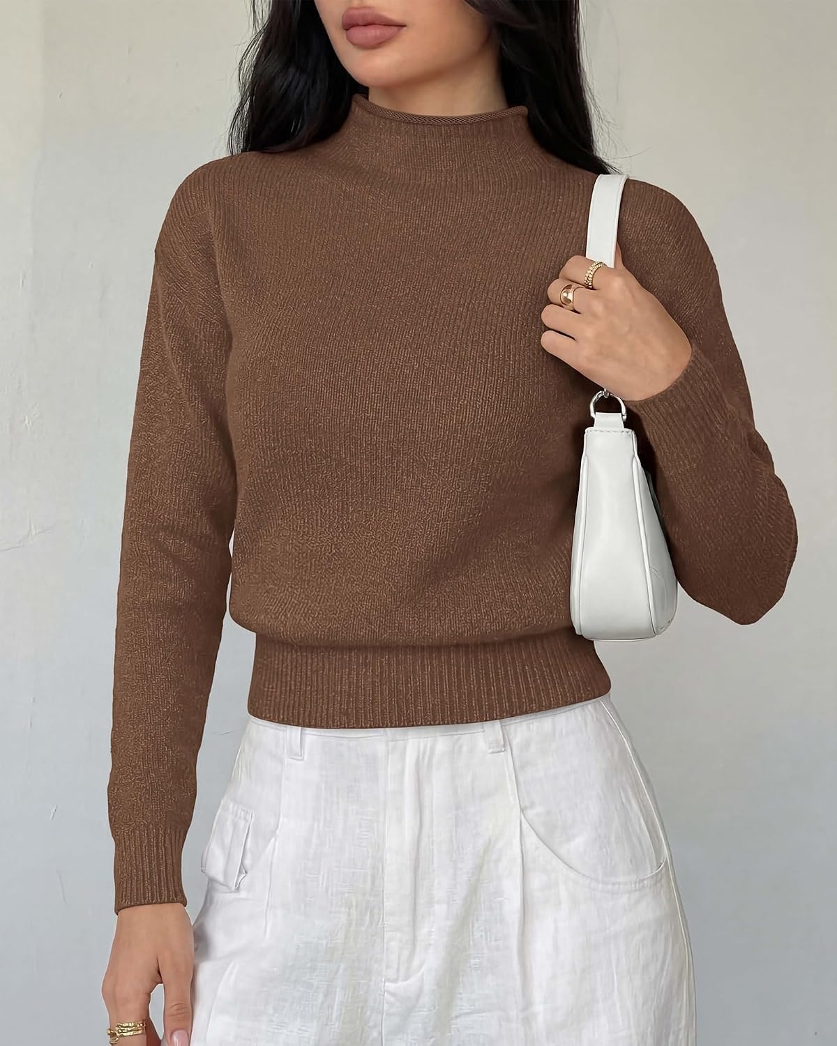 image:imageBTFBM Womens Long Sleeve Sweaters Mock Neck TopsBrown