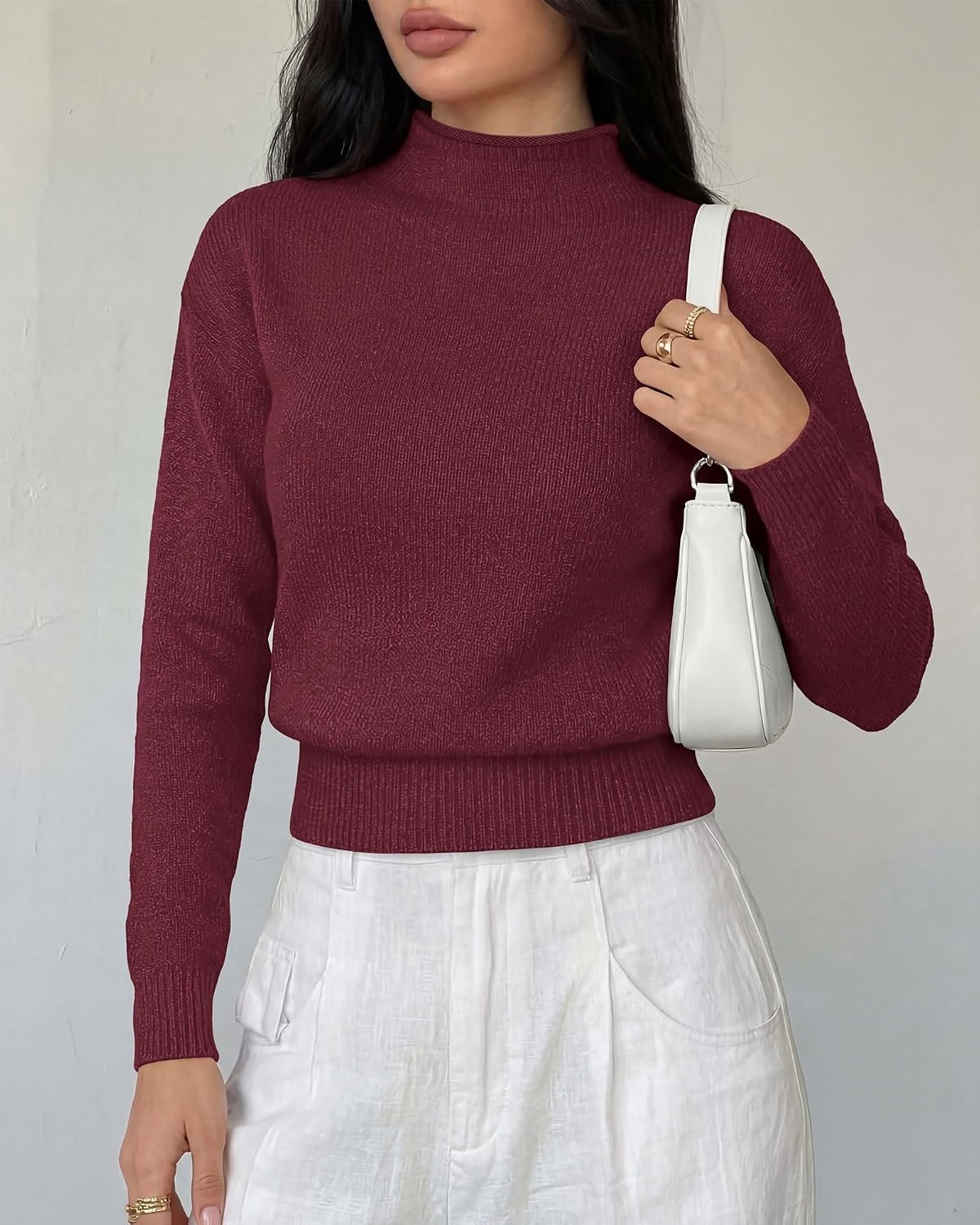 image:imageBTFBM Womens Long Sleeve Sweaters Mock Neck TopsBurgundy