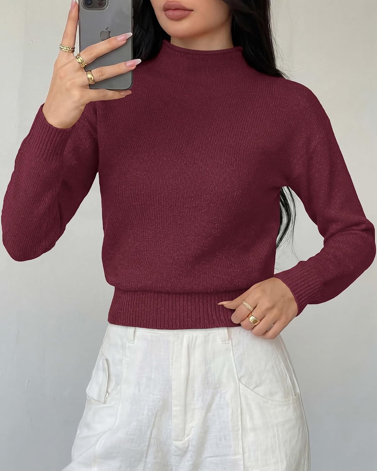 image:imageBTFBM Womens Long Sleeve Sweaters Mock Neck TopsBurgundy