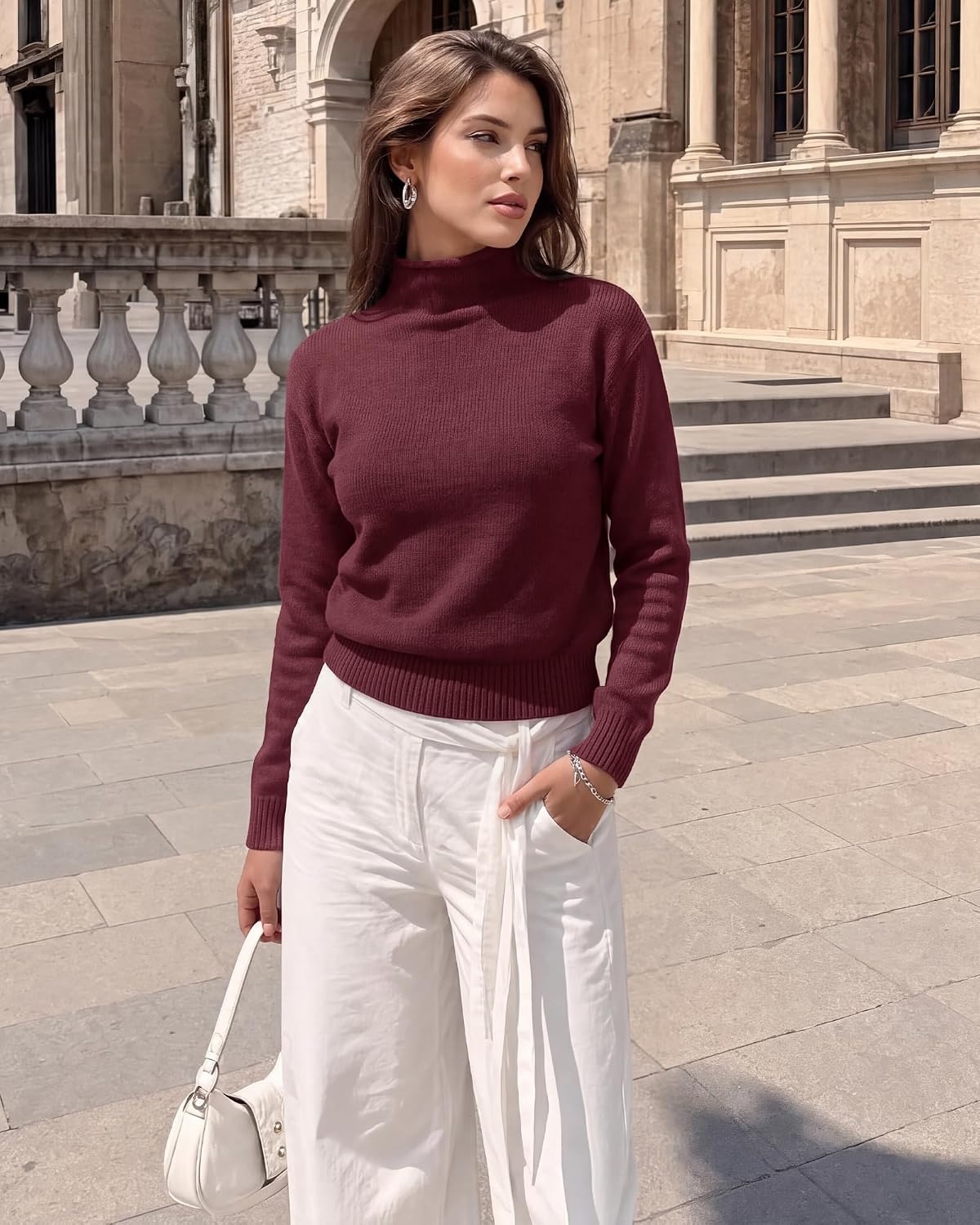 image:imageBTFBM Womens Long Sleeve Sweaters Mock Neck TopsBurgundy