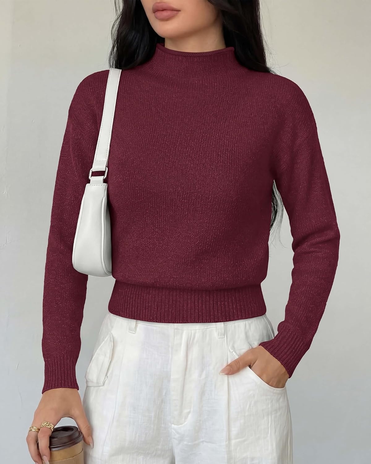 image:imageBTFBM Womens Long Sleeve Sweaters Mock Neck TopsBurgundy