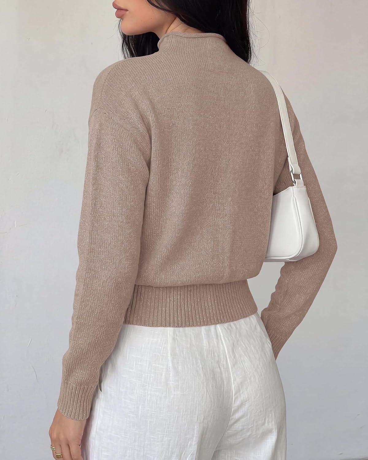 image:imageBTFBM Womens Long Sleeve Sweaters Mock Neck TopsCamel